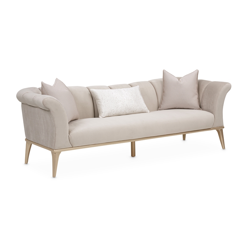 Pemberly Row Contemporary Sofa in Porcini Velvet and Champagne Wood Frame
