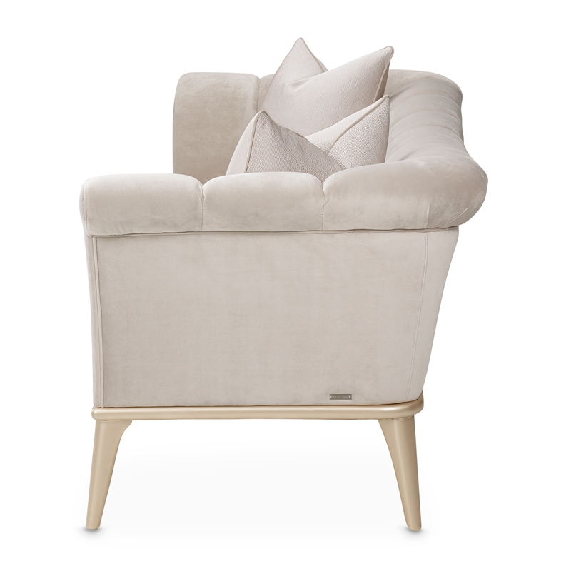 Pemberly Row Contemporary Sofa in Porcini Velvet and Champagne Wood Frame