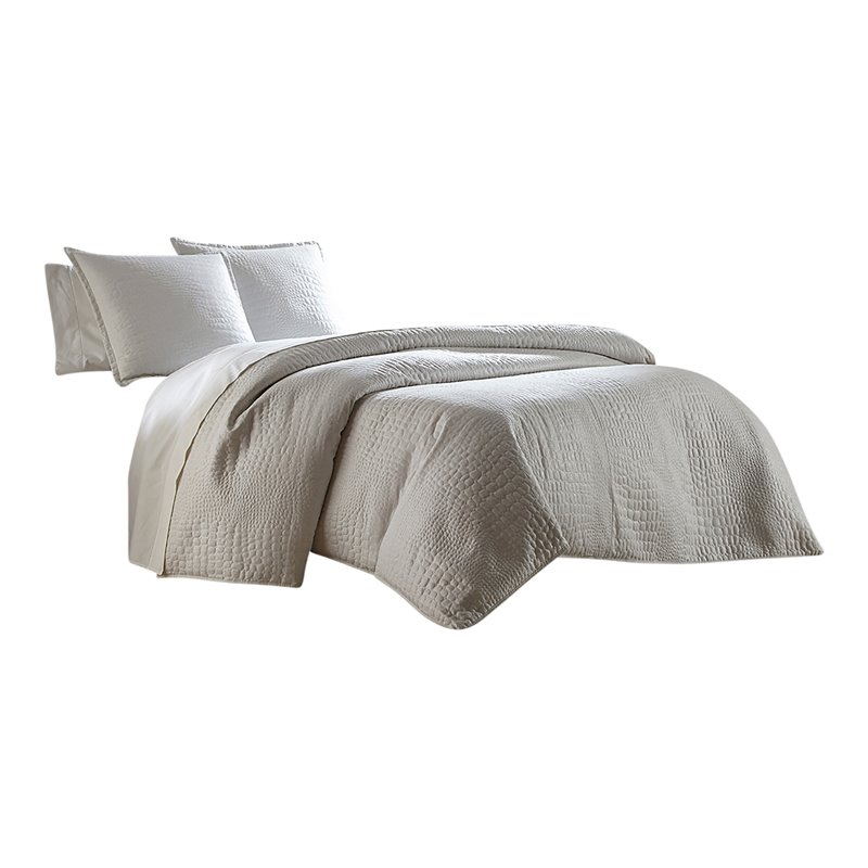 Pemberly Row Contemporary 3-piece Pebble Stitch Fabric King Duvet Set in White
