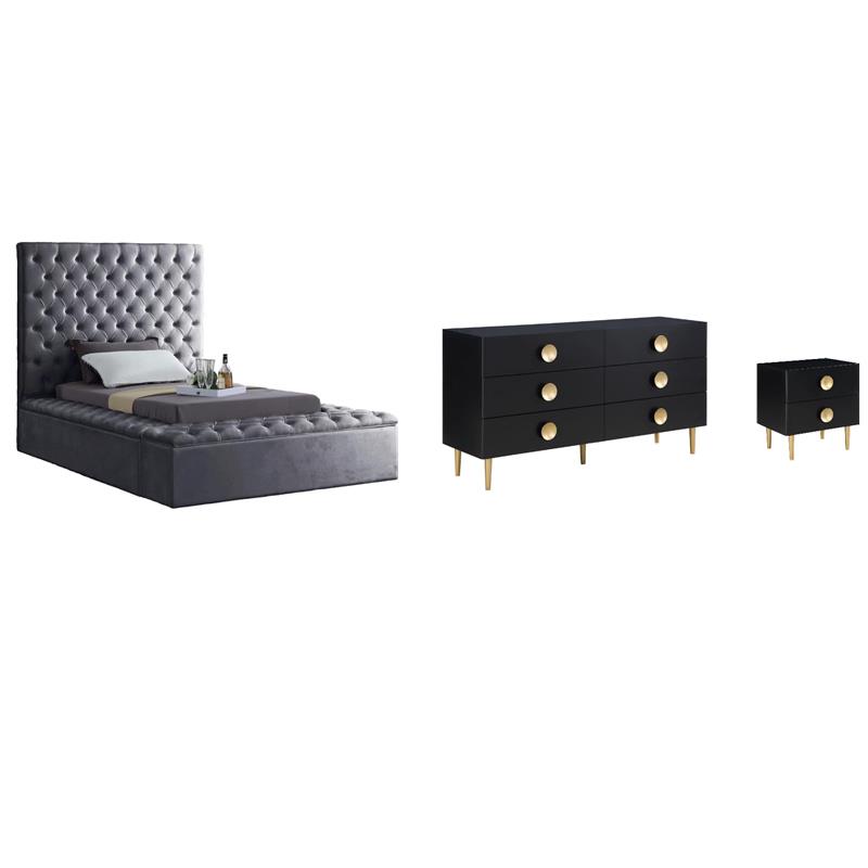 Pemberly Row Set of 3 Velvet Twin Bed in Gray & Dresser & Nightstand in Black