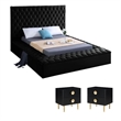 Pemberly Row 3-Piece Set with Velvet King Bed and 2 Nightstands in Rich Black