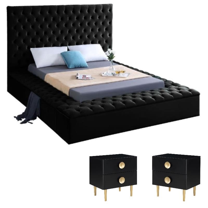 Pemberly Row 3-Piece Set with Velvet Queen Bed and 2 Nightstands in Rich Black