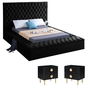 Pemberly Row 3-Piece Set with Velvet Queen Bed and 2 Nightstands in Rich Black