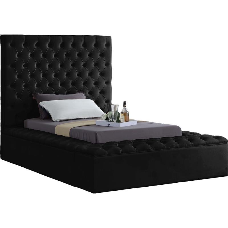 Pemberly Row Set of 2 Tufted Velvet Twin Bed and Nightstand in Black