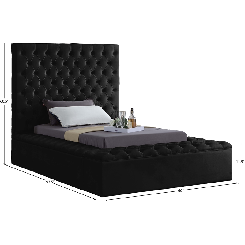Pemberly Row Set of 2 Tufted Velvet Twin Bed and Nightstand in Black