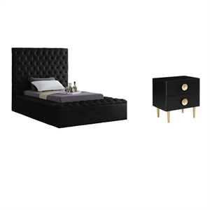 Pemberly Row Set of 2 Tufted Velvet Twin Bed and Nightstand in Black