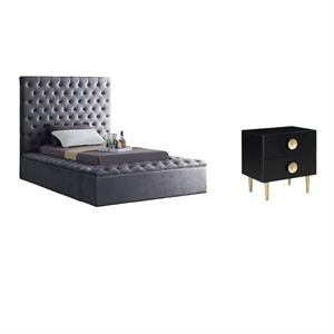 Pemberly Row Set of 2 Tufted Velvet Twin Bed in Gray and Nightstand in Black
