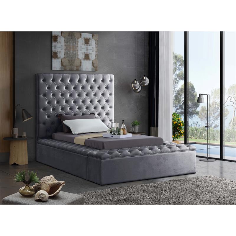 Pemberly Row Set of 2 Tufted Velvet Twin Bed in Gray and Nightstand in Black