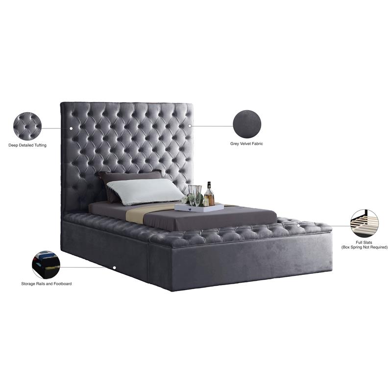 Pemberly Row Set of 2 Tufted Velvet Twin Bed in Gray and Nightstand in Black