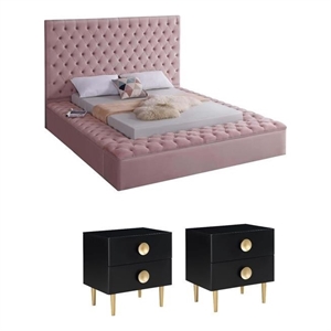 Pemberly Row Set of 3 Tufted Velvet Full Bed in Pink and 2 Nightstands in Black