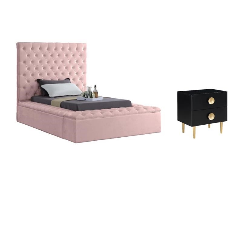 Pemberly Row Set of 2 Tufted Velvet Twin Bed in Pink and Nightstand in Black