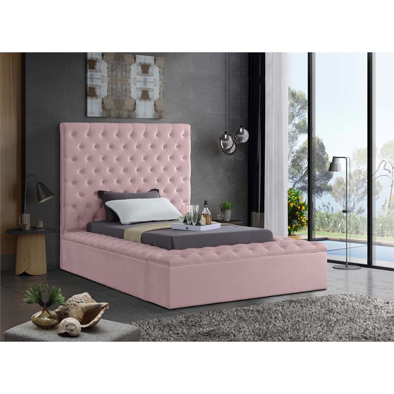 Pemberly Row Set of 2 Tufted Velvet Twin Bed in Pink and Nightstand in Black