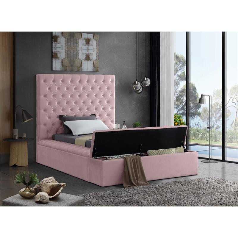 Pemberly Row Set of 2 Tufted Velvet Twin Bed in Pink and Nightstand in Black