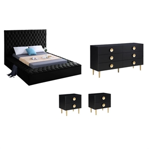 Pemberly Row Set of 4 Tufted Velvet Full Bed & Dresser & 2 Nightstands in Black