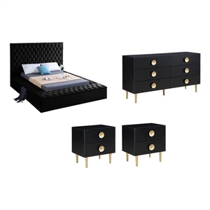 Pemberly Row Set of 4 Tufted Velvet King Bed & Dresser & 2 Nightstands in Black