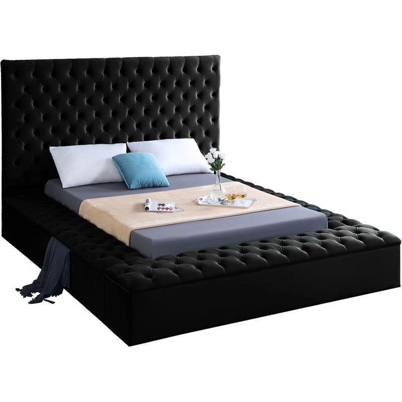 Pemberly Row Set of 4 Tufted Velvet Queen Bed & Dresser & 2 Nightstands in Black