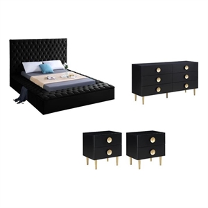 Pemberly Row Set of 4 Tufted Velvet Queen Bed & Dresser & 2 Nightstands in Black