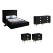 Pemberly Row Set of 4 Tufted Velvet Queen Bed & Dresser & 2 Nightstands in Black