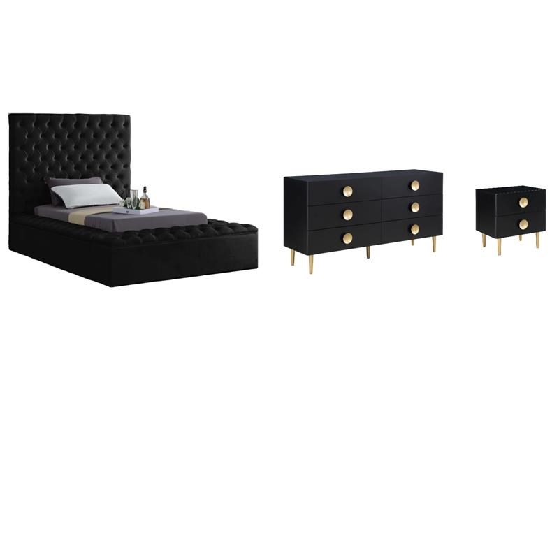 Pemberly Row Set of 3 Tufted Velvet Twin Bed & Dresser & Nightstand in Black