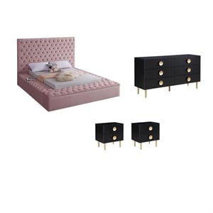 Pemberly Row Set of 4 Velvet Full Bed in Pink & Dresser & 2 Nightstands in Black