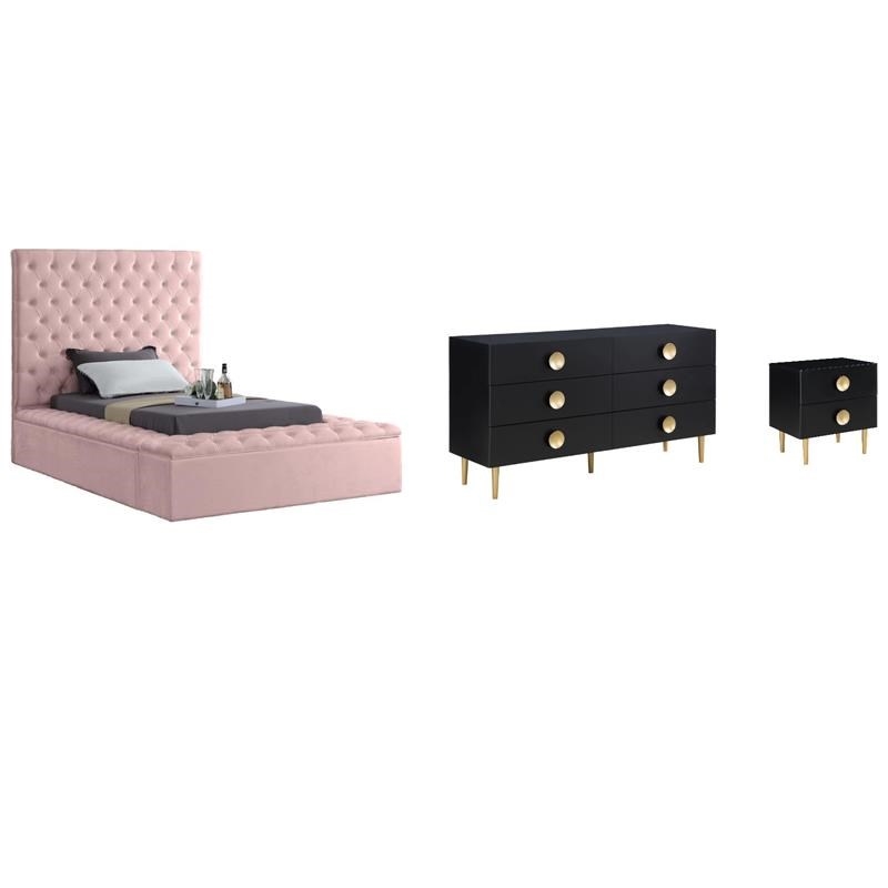 Pemberly Row Set of 3 Velvet Twin Bed in Pink & Dresser & Nightstand in Black