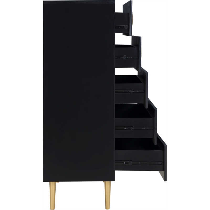 Pemberly Row Set of 5 Velvet Full Bed & Dresser & Chest & 2 Nightstands in Black