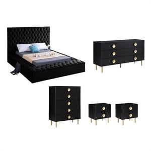 Pemberly Row Set of 5 Velvet Full Bed & Dresser & Chest & 2 Nightstands in Black
