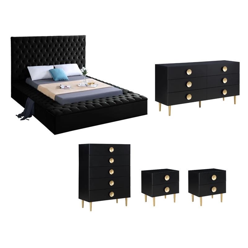 Pemberly Row Set of 5 Velvet King Bed & Dresser & Chest & 2 Nightstands in Black