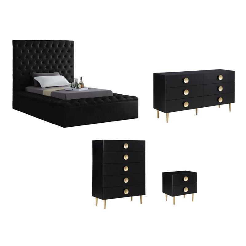 Pemberly Row Set of 4 Velvet Twin Bed & Dresser & Chest & Nightstand in Black