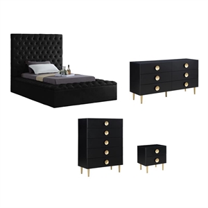 Pemberly Row Set of 4 Velvet Twin Bed & Dresser & Chest & Nightstand in Black