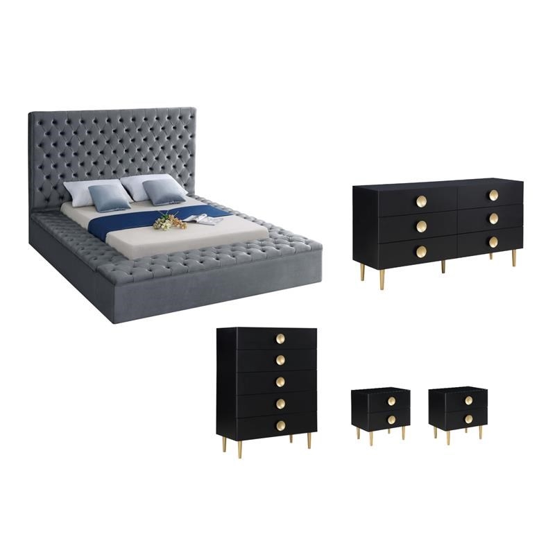 Pemberly Row Set of 5 Full Bed & Dresser & Chest & 2 Nightstands