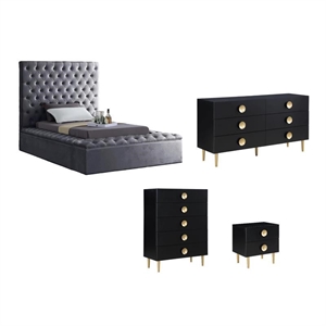 Pemberly Row Set of 4 Twin Bed in Gray & Dresser & Chest & Nightstand in Black
