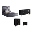 Pemberly Row Set of 4 Twin Bed in Gray & Dresser & Chest & Nightstand in Black
