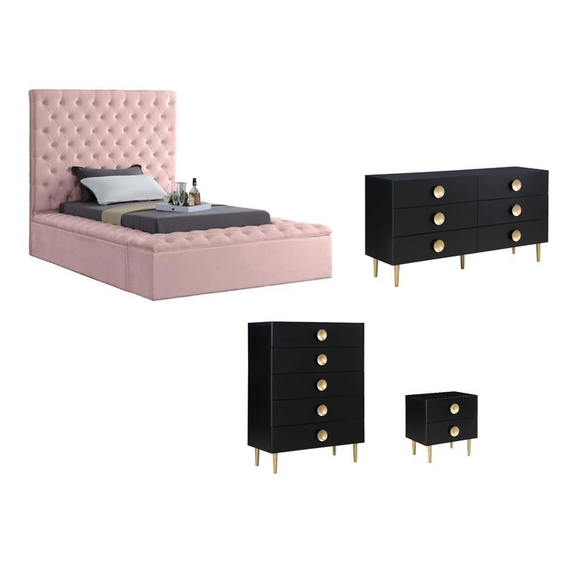 Pemberly Row Set of 4 Twin Bed in Pink & Dresser & Chest & Nightstand in Black