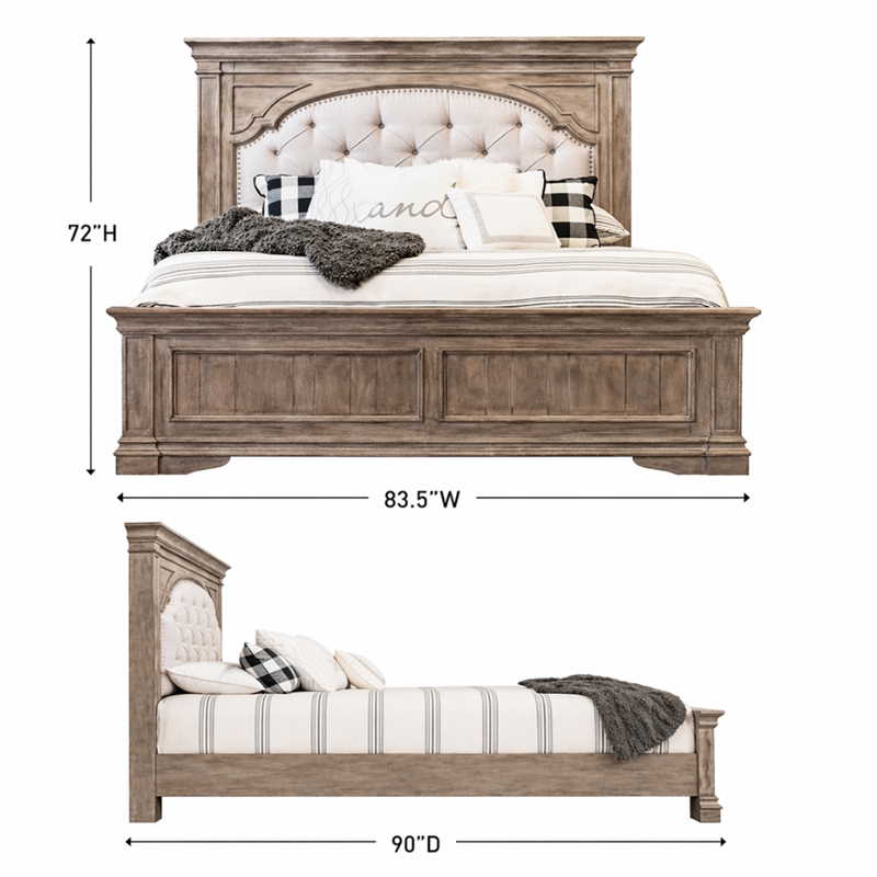 Pemberly Row Contemporary Driftwood Gray Wood Upholstered Panel King Bed