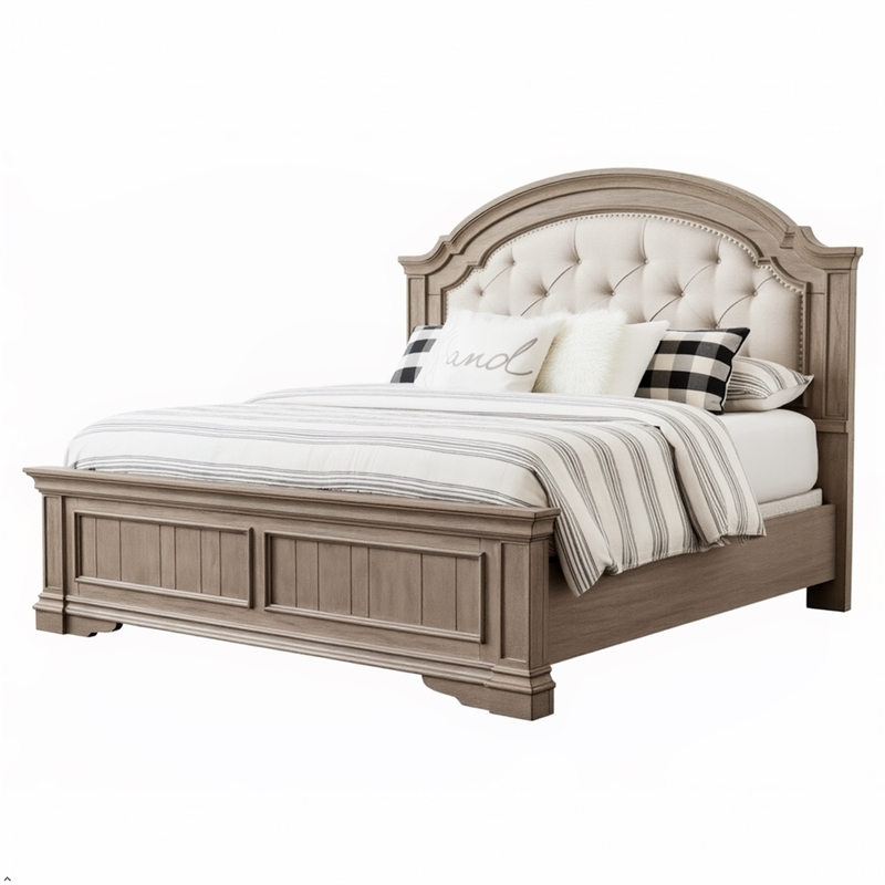 Pemberly Row Contemporary Driftwood Gray Wood Upholstered Panel King Bed