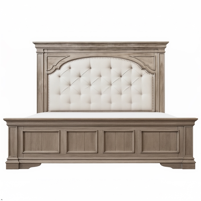 Pemberly Row Contemporary Driftwood Gray Wood Upholstered Panel King Bed