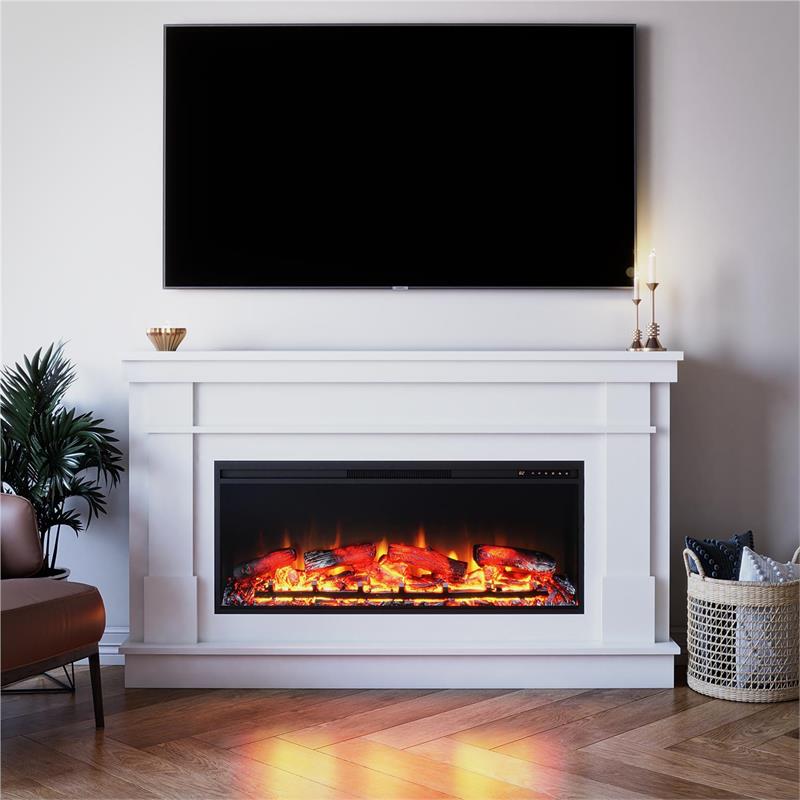 Pemberley Row MDF White Fireplace Mantel Rectangular Realistic Flame 64