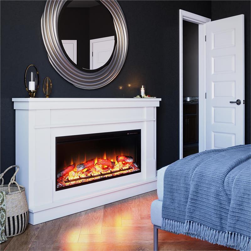Pemberley Row MDF White Fireplace Mantel Rectangular Realistic Flame 64