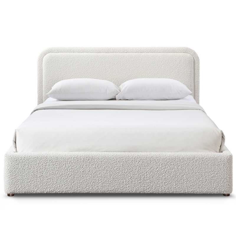 Pemberly Row Upholstered Platform Queen Bed in White Boucle Fabric