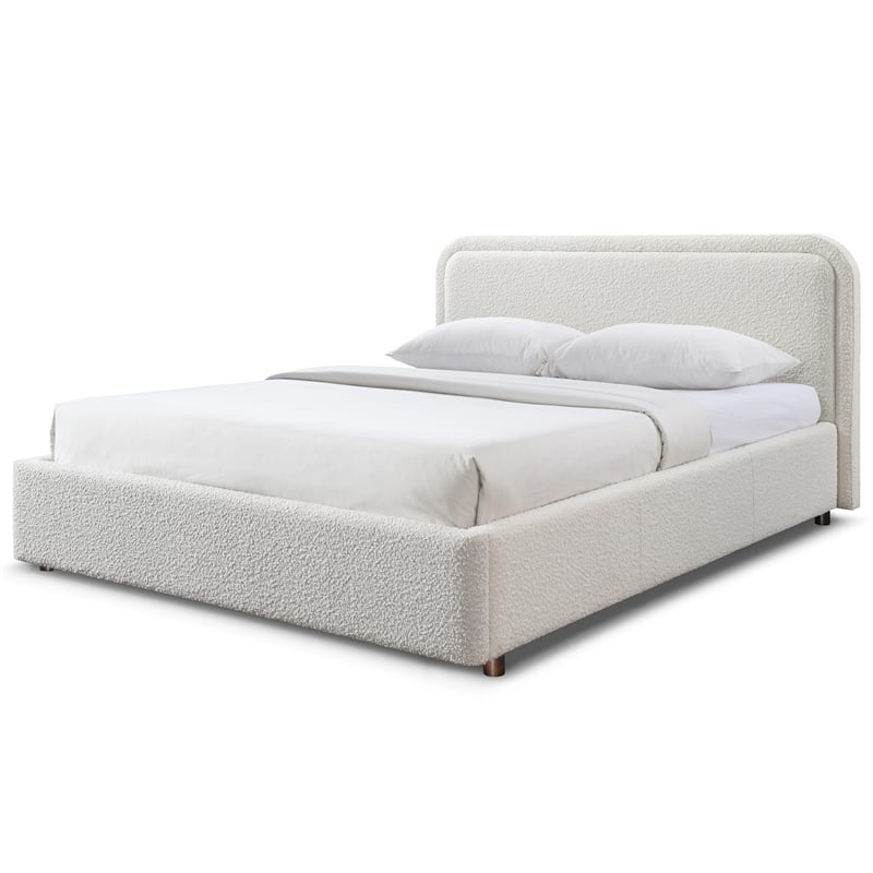 Pemberly Row Upholstered Platform Queen Bed in White Boucle Fabric