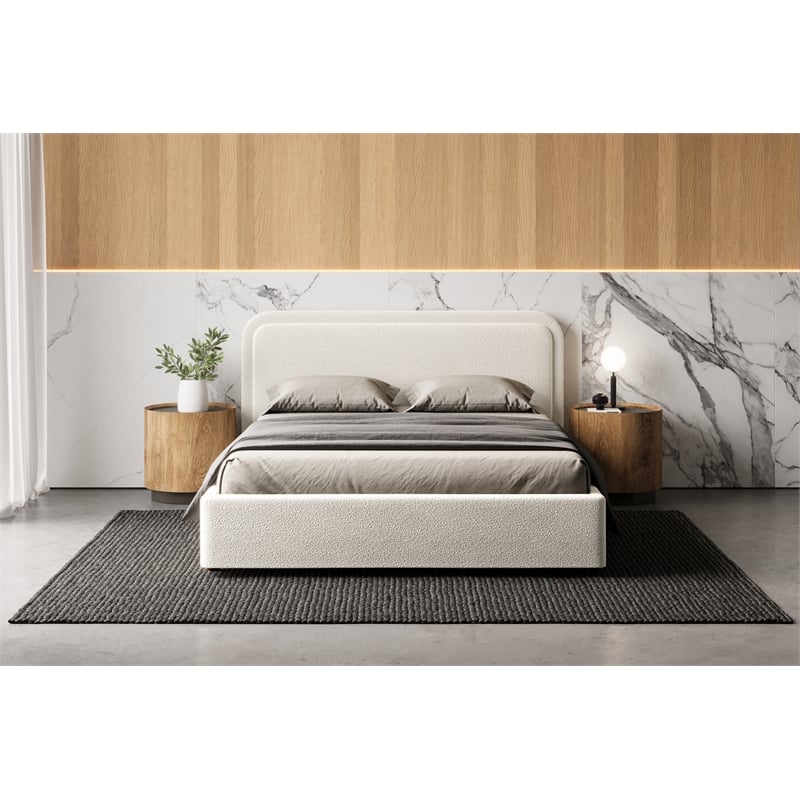 Pemberly Row Upholstered Platform Queen Bed in White Boucle Fabric