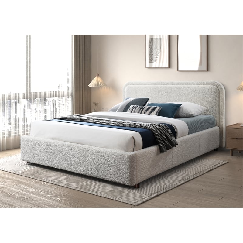 Pemberly Row Upholstered Platform Queen Bed in White Boucle Fabric