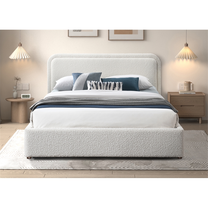 Pemberly Row Upholstered Platform Queen Bed in White Boucle Fabric