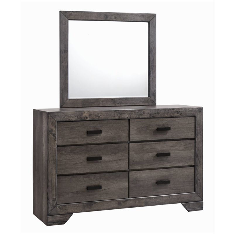 Pemberly Row Contemporary Solid Wood 6 Drawer Dresser and Mirror Set