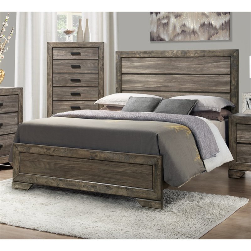 Pemberly Row Transitional Solid Wood Queen Panel Bed in Gray Oak