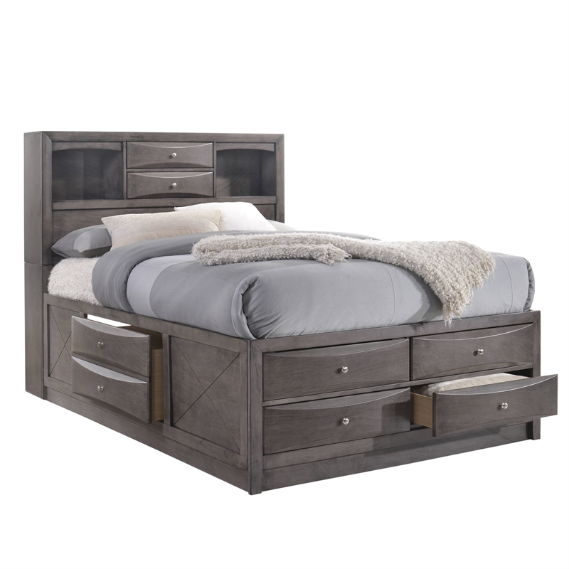 Pemberly Row Contemporary Wood King Storage 4 Piece Bedroom Set in Gray