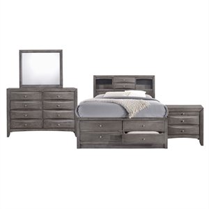 Pemberly Row Contemporary Wood King Storage 4 Piece Bedroom Set in Gray