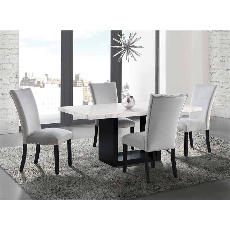 Pemberly Row Transitional White Marble 5PC Dining Set with Gray Chairs