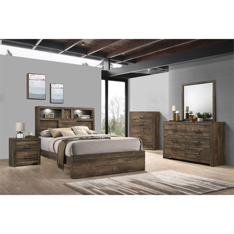 Pemberly Row Transitional King Bookcase Panel Bed with Bluetooth